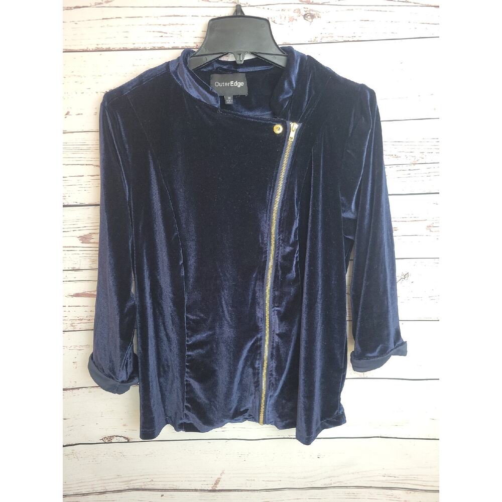 VTG Outer Edge Blue Velvet Asymmetrical Zip Long Sleeve Top Women's Plus Size 1X